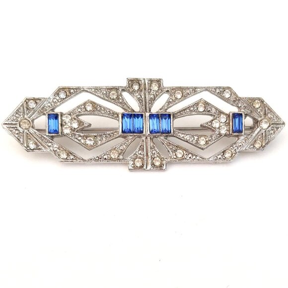 Art Deco style silver, faux diamond and faux sapphire brooch - Picture 2 of 5